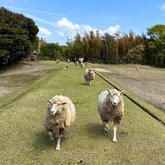 Free-range sheep grazing in Shimane, providing ethical raw materials for garment manufacturing in Japan by KASAGI WOOL.